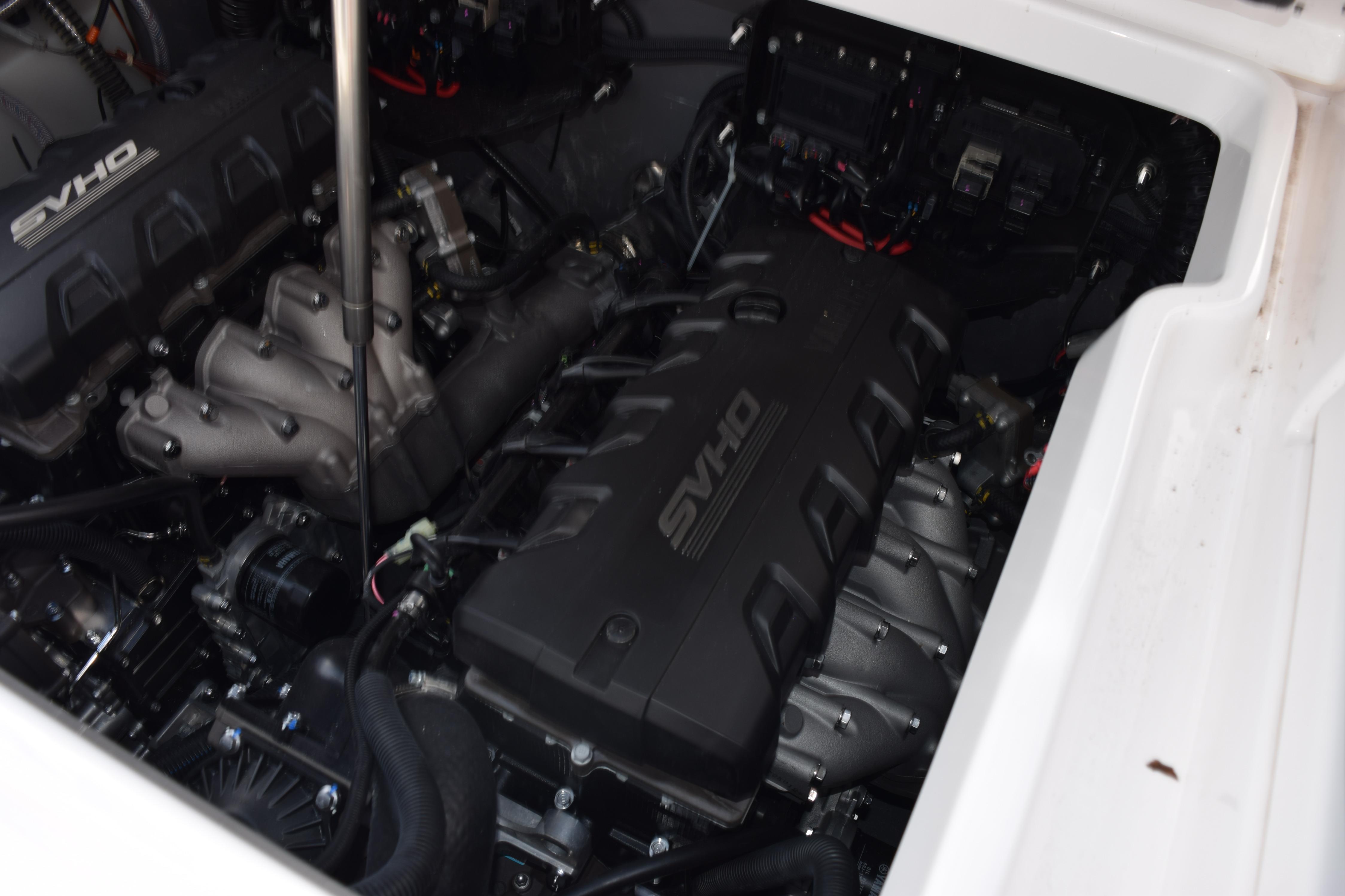 Engine compartment of 2026 Yamaha Boats 255 FSH Sport H, featuring SVHO engine.