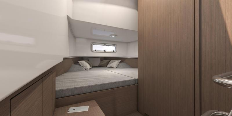 Interior of 2023 Beneteau Flyer 9 SPACEdeck with cozy bed.