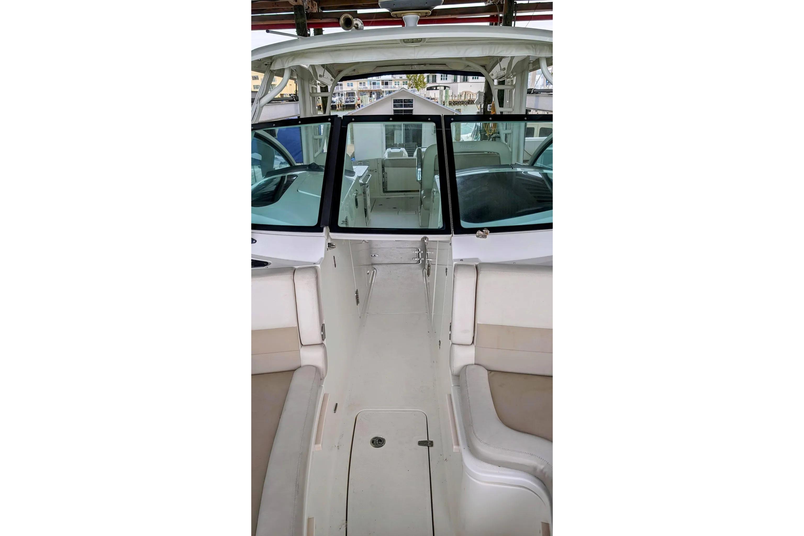 2017 Boston Whaler 320 Vantage boat interior, featuring spacious seating and sleek design.