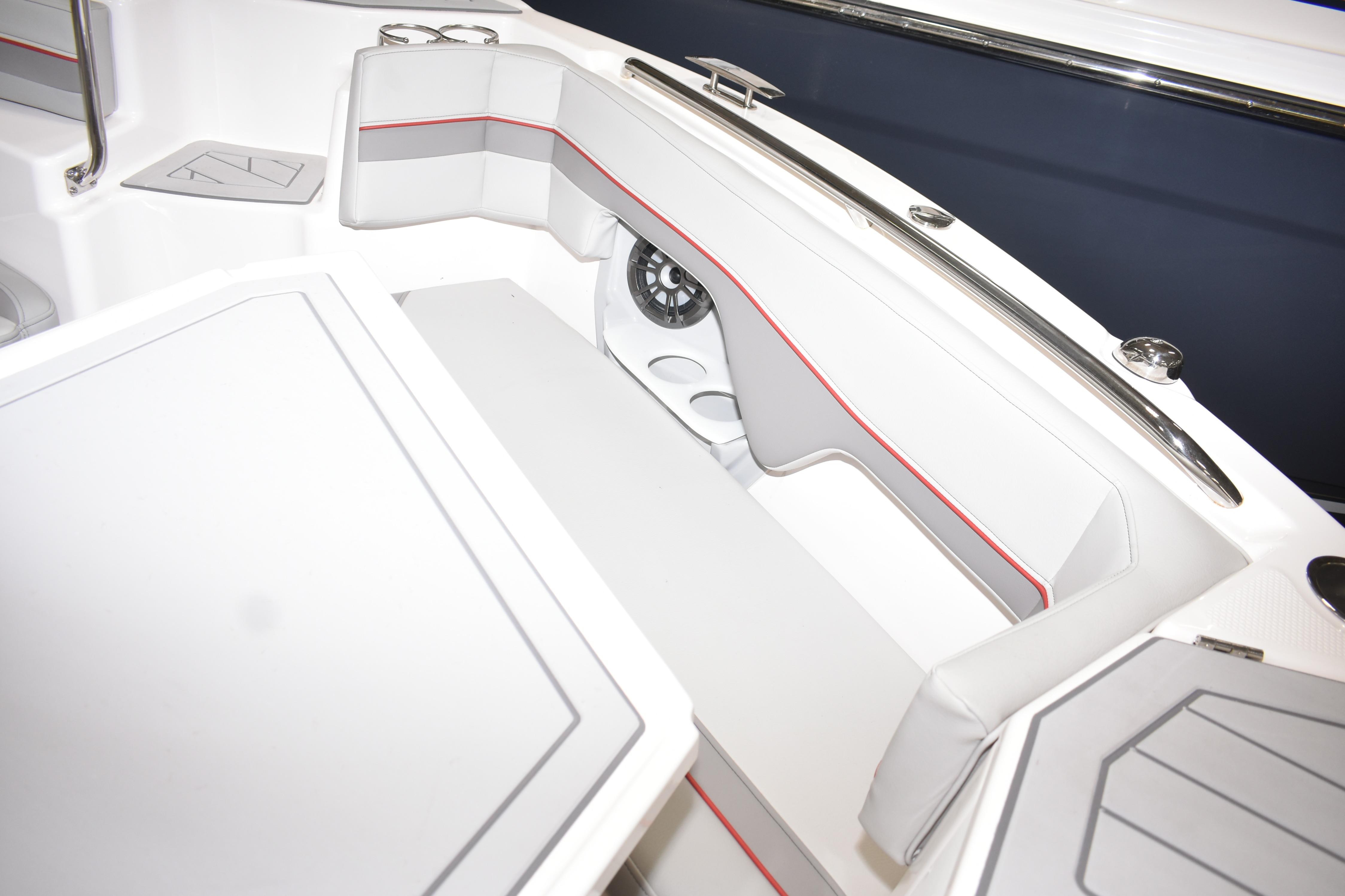 Interior of 2025 Solara S-310 CW boat with sleek seating and modern design.