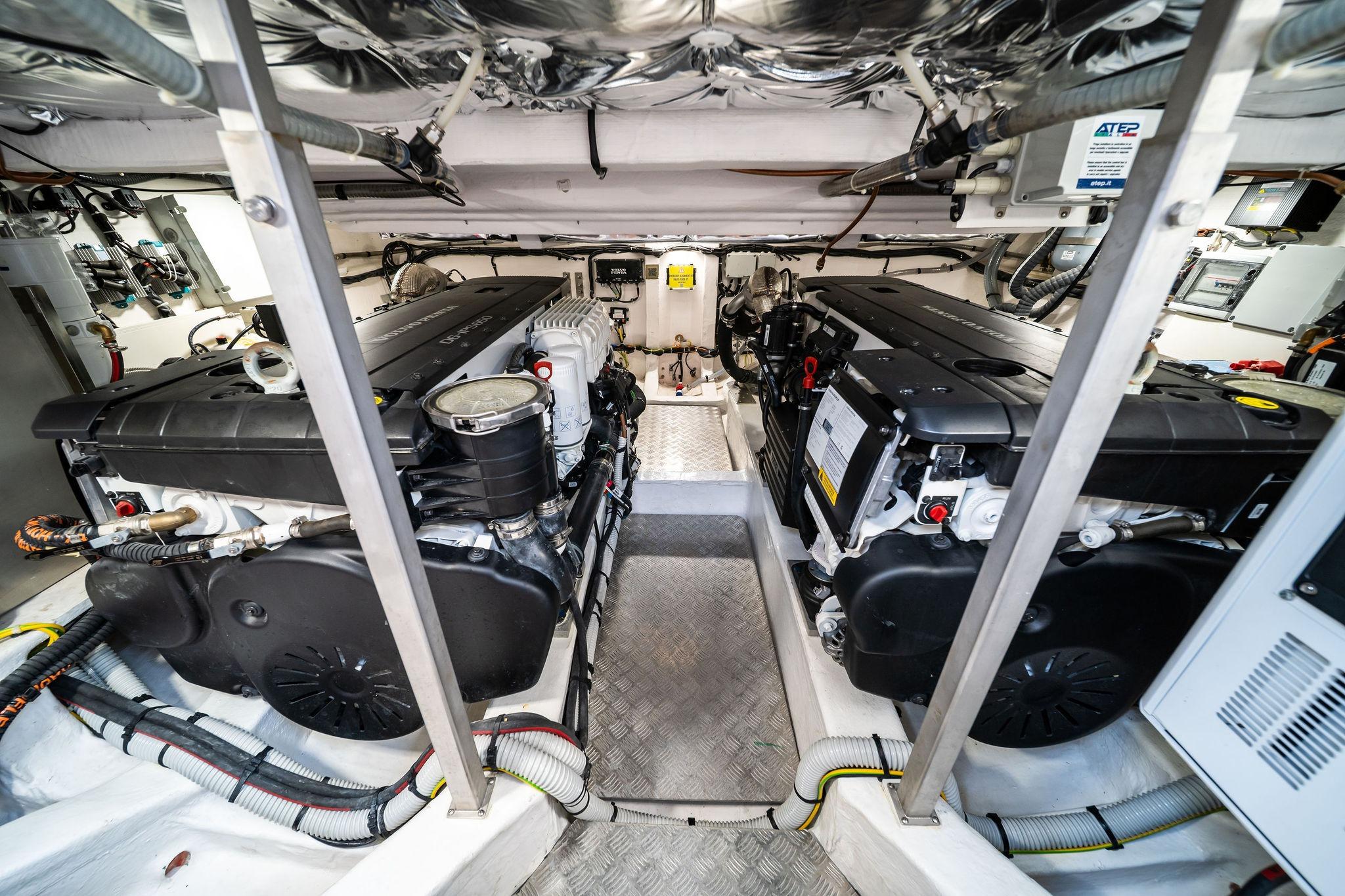 Engine room of 2024 Pardo Yachts 43, showcasing dual powerful engines.