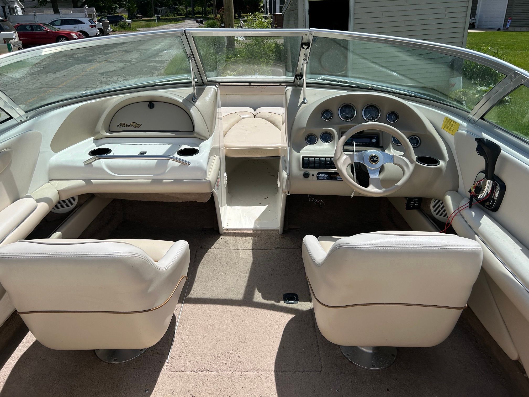 Interior of a 1998 Sea Ray 190 Bow Rider boat.