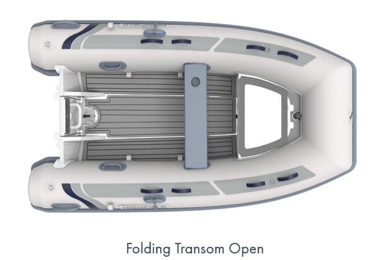 2025 Highfield Classic 310 inflatable boat with folding transom, top view.