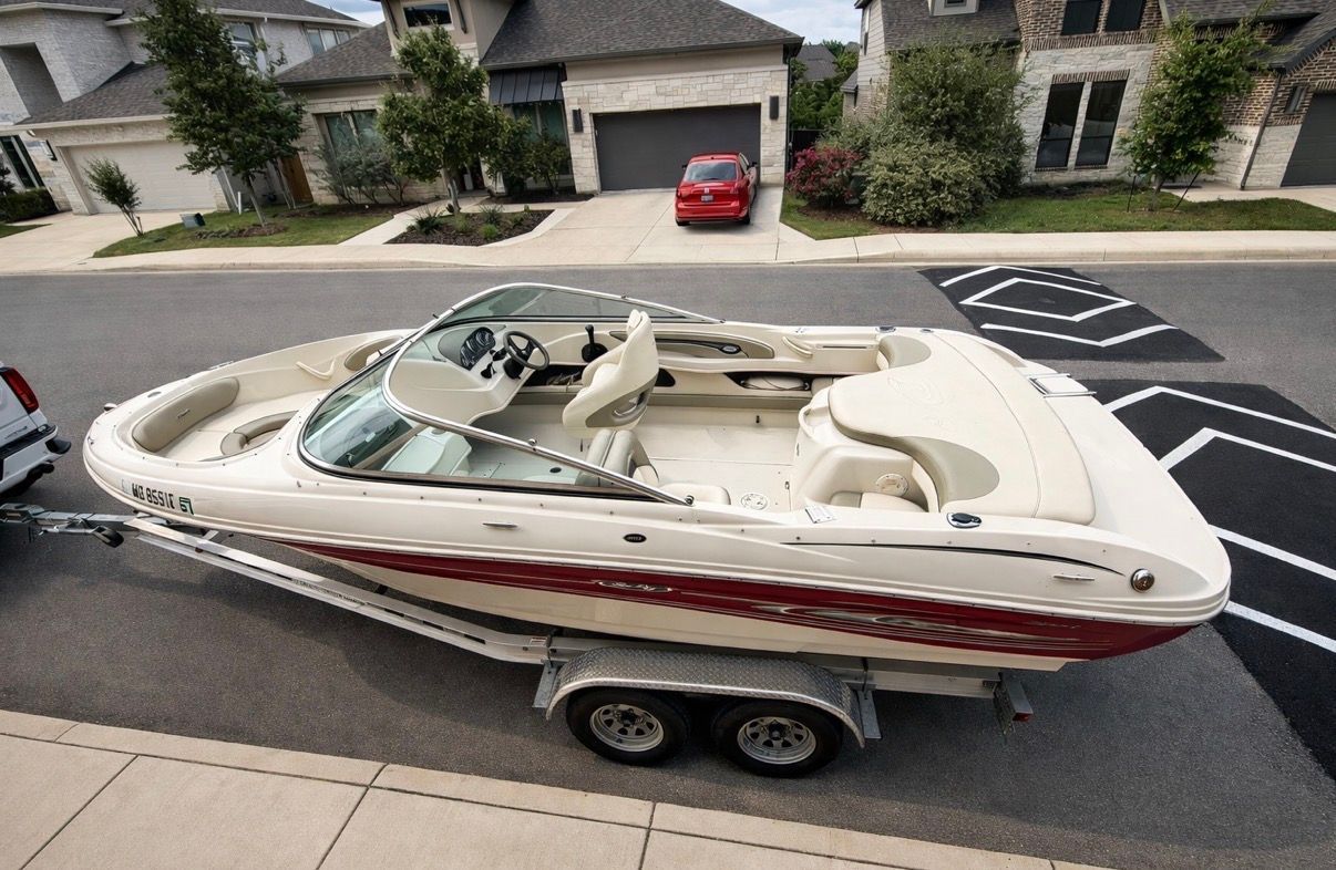 2005 Sea Ray 200 Sport on trailer in residential area.