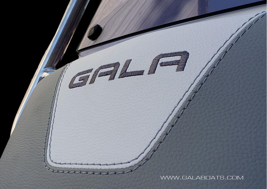 Gala V330 boat seat detail with logo and stitching, 2023 model.
