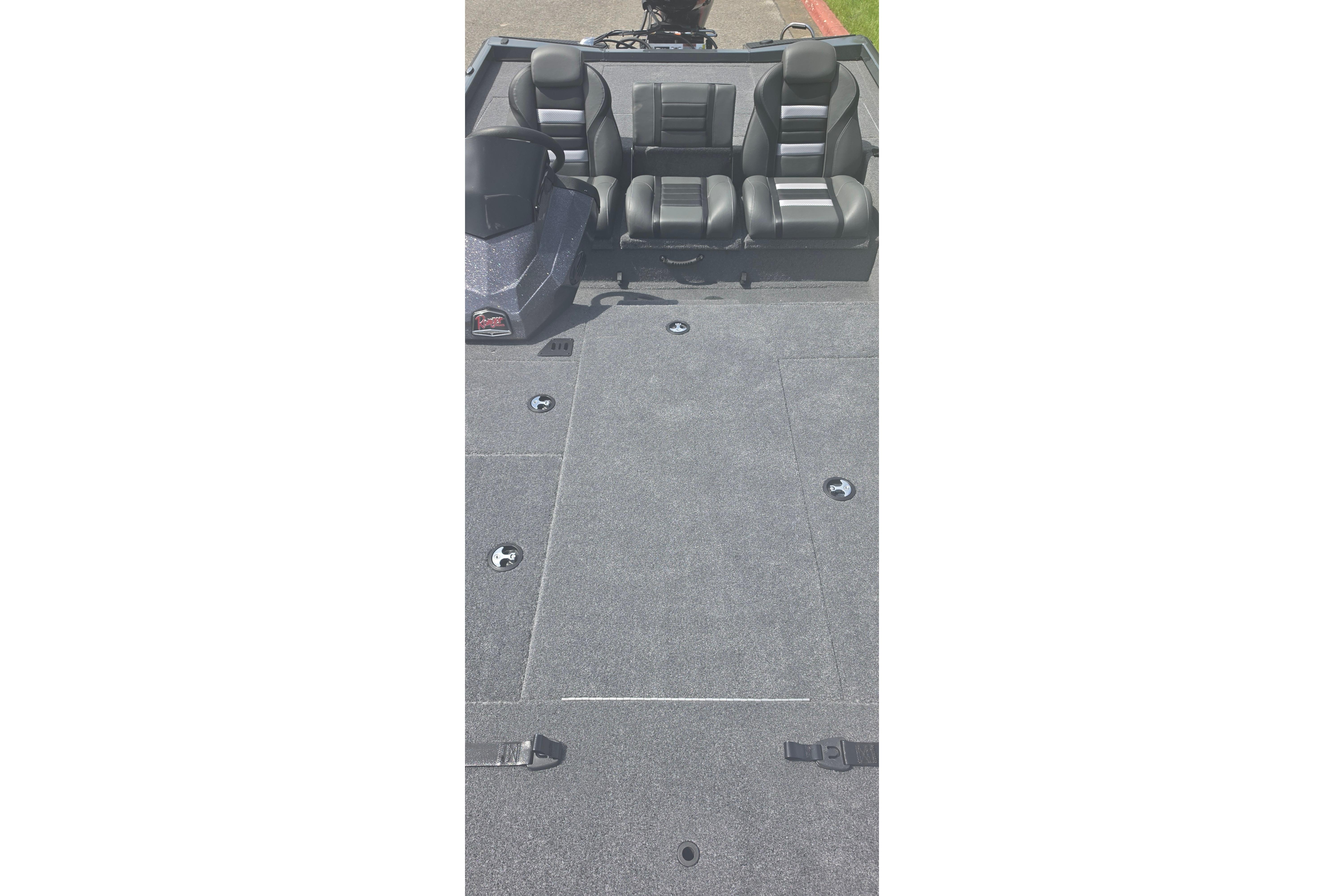 2026 Ranger RT198P boat interior with gray carpet and black seating.
