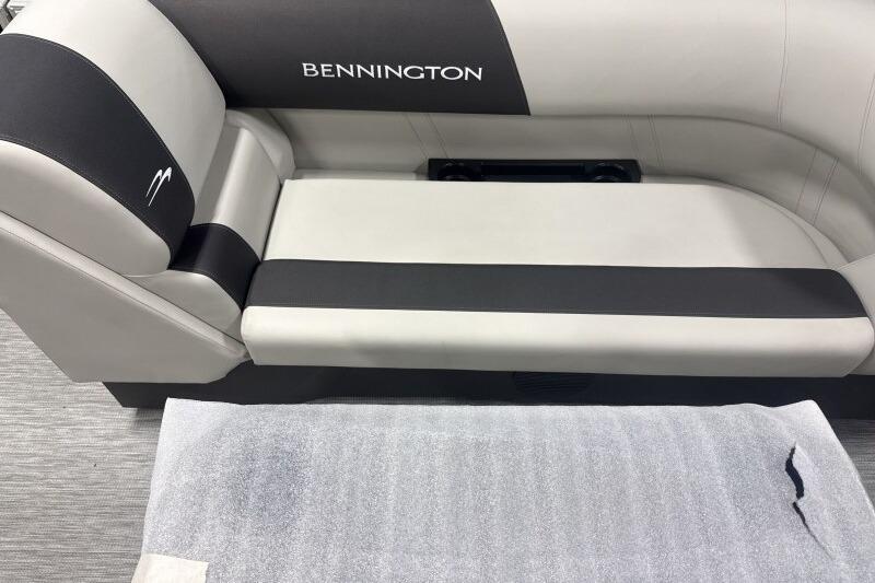 2026 Bennington 22 SSRSF boat seat with black and white upholstery.