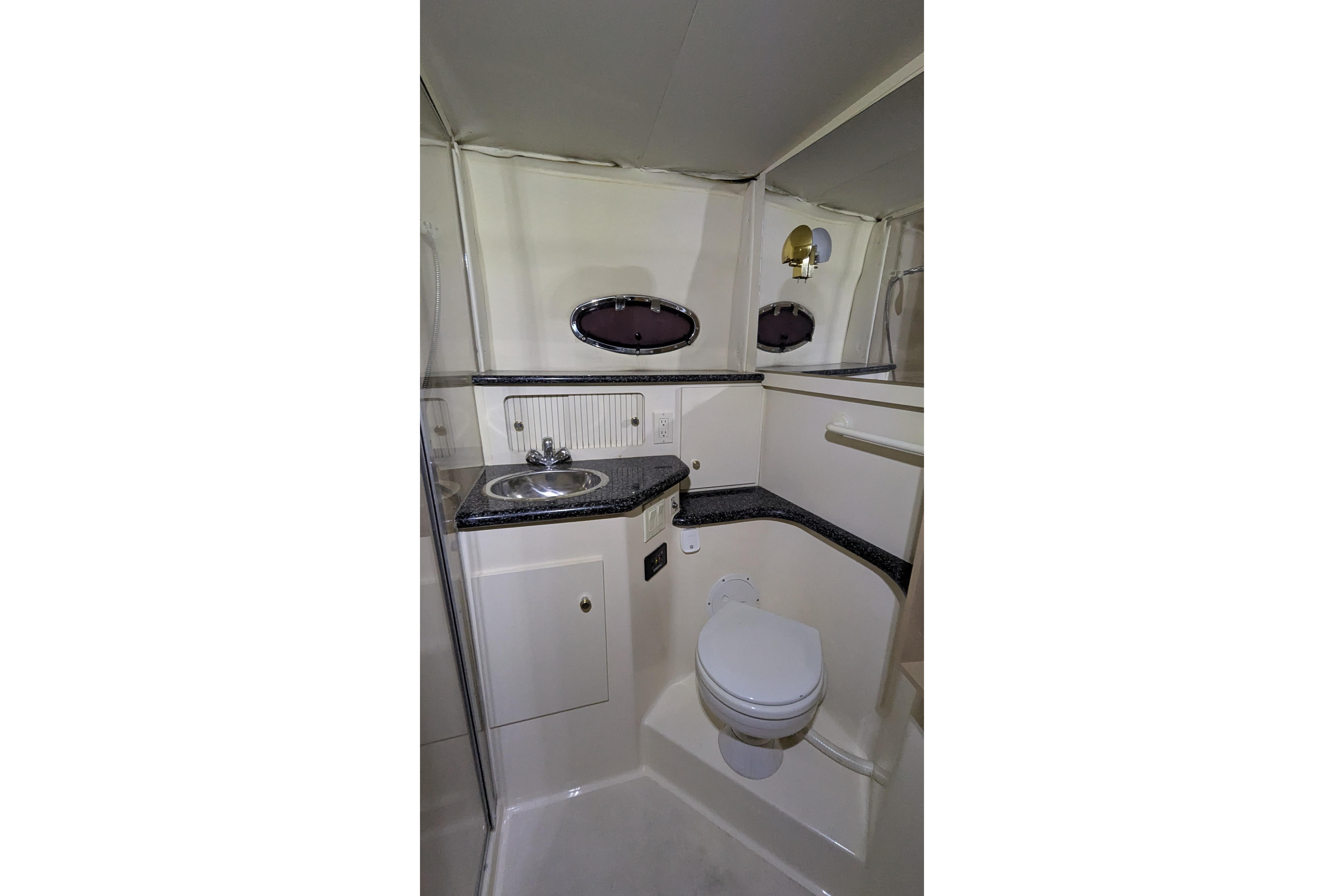 Bathroom interior of 2000 Carver 404 Cockpit Motor Yacht with sink and toilet.