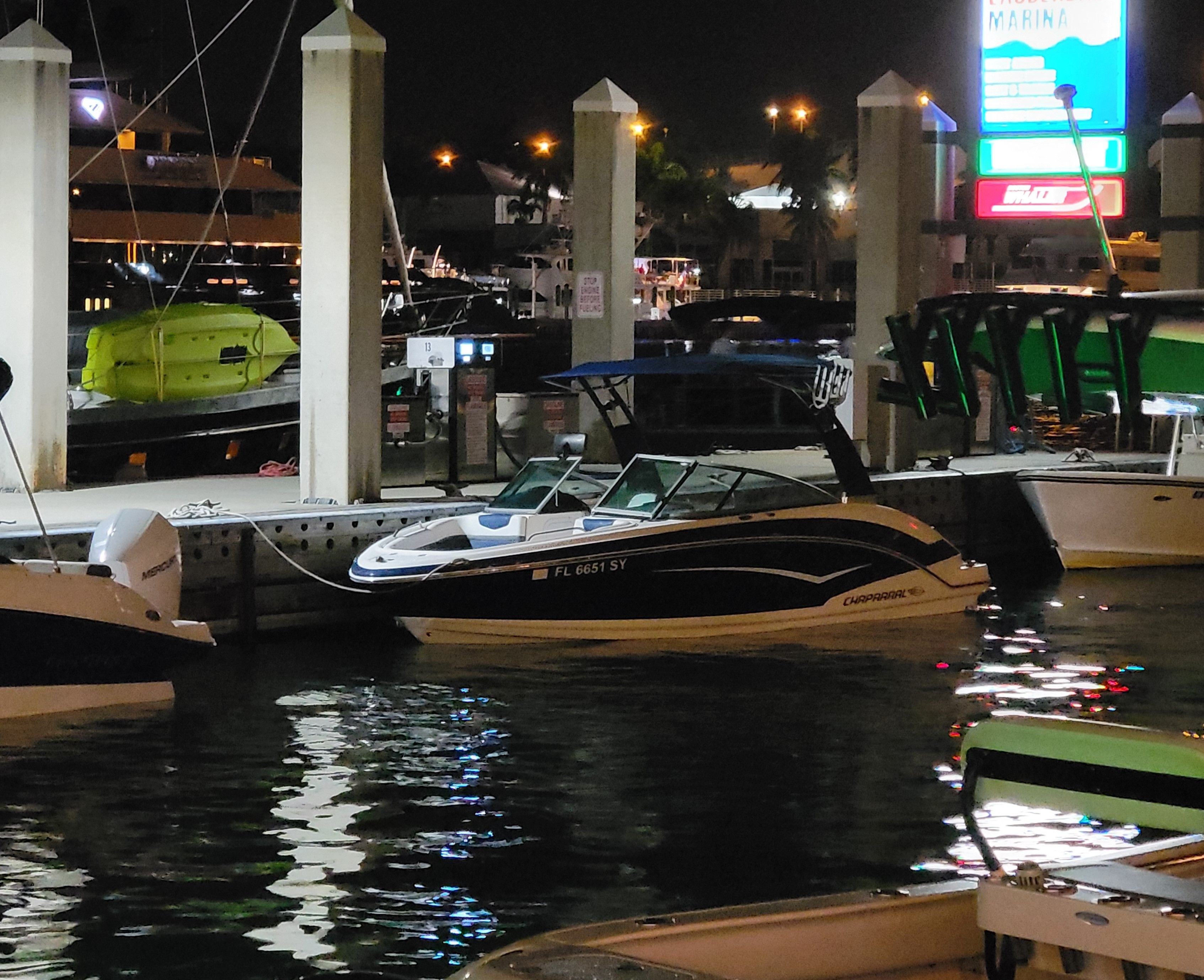Chaparral 203VR boat docked at night, 2015 model.
