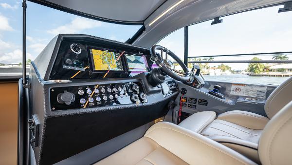 Interior view of Hanover 415 boat cockpit, model year 2026.