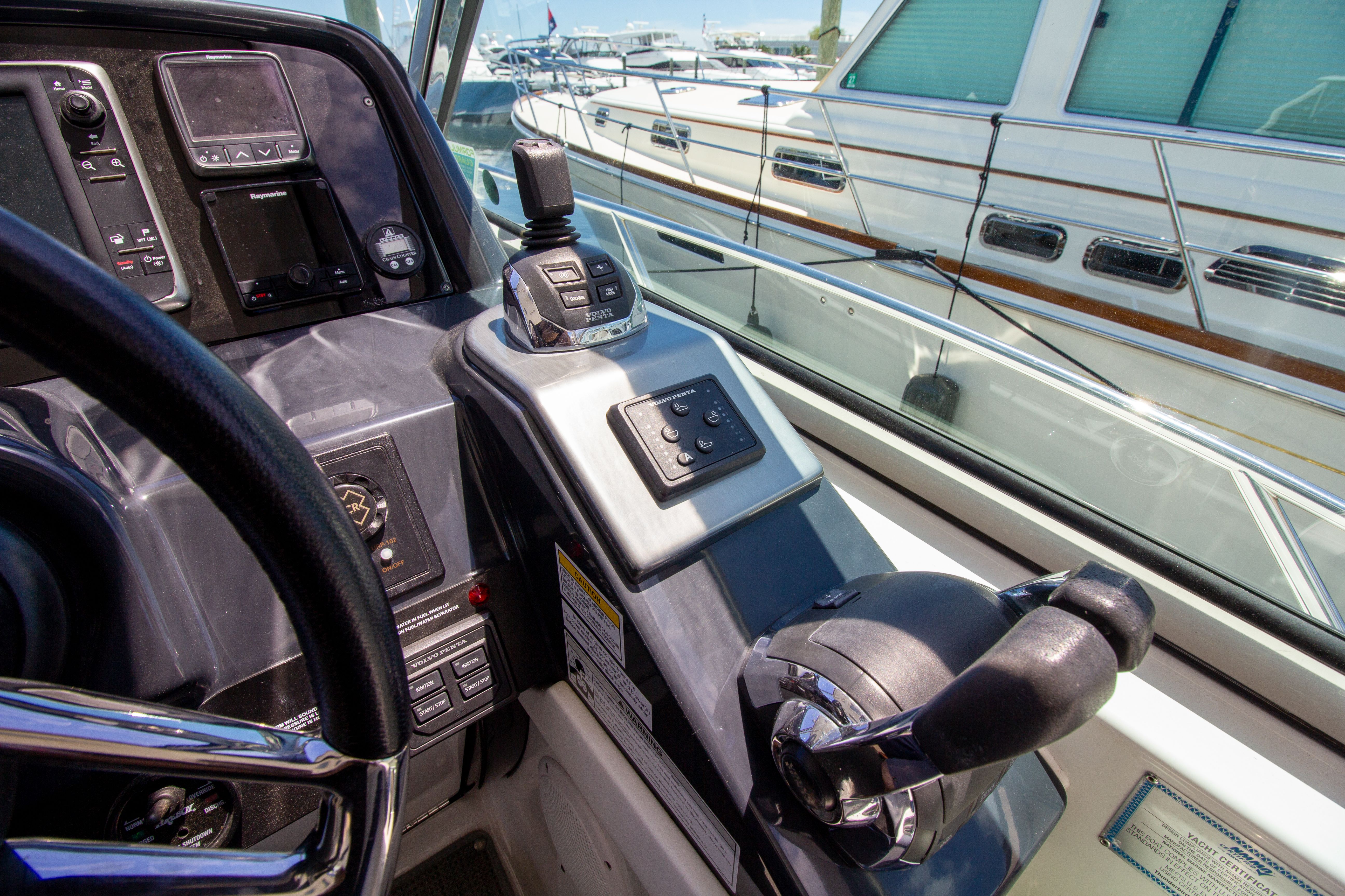 Cockpit controls of 2016 Formula 40 Performance Cruiser at dock.