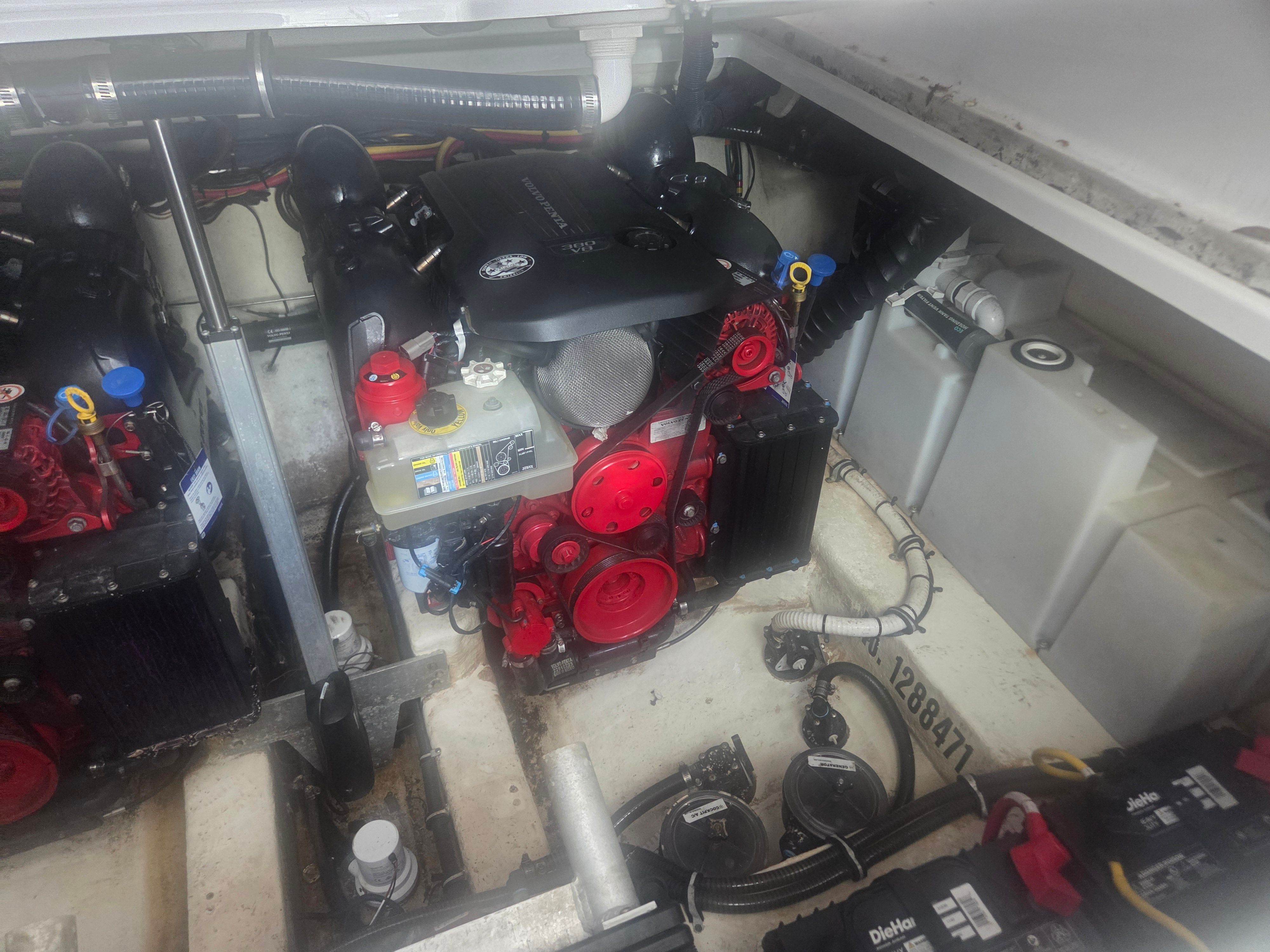 Engine room of a 2019 Monterey 360SC boat with diesel engines.