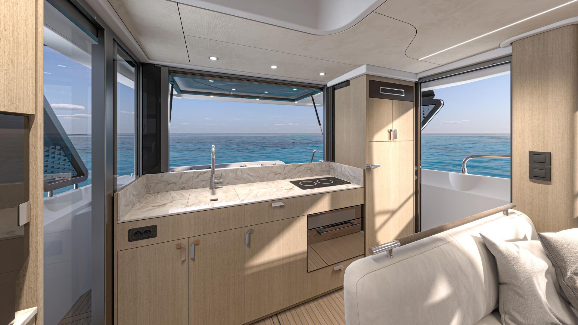Luxurious Prestige F4.3 yacht interior, featuring modern kitchen and ocean view, 2026 model.