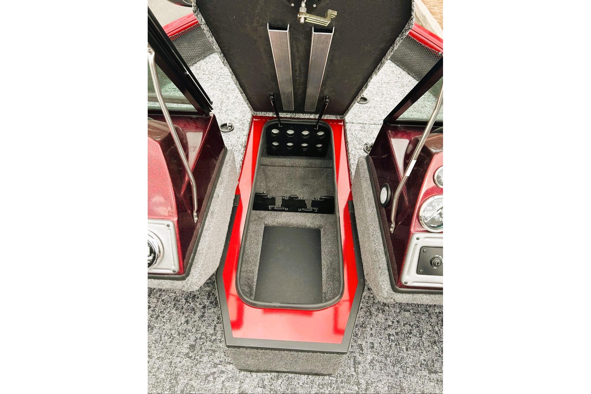 2026 Ranger VS1782SC Reata boat interior storage compartment, open lid, red and gray design.