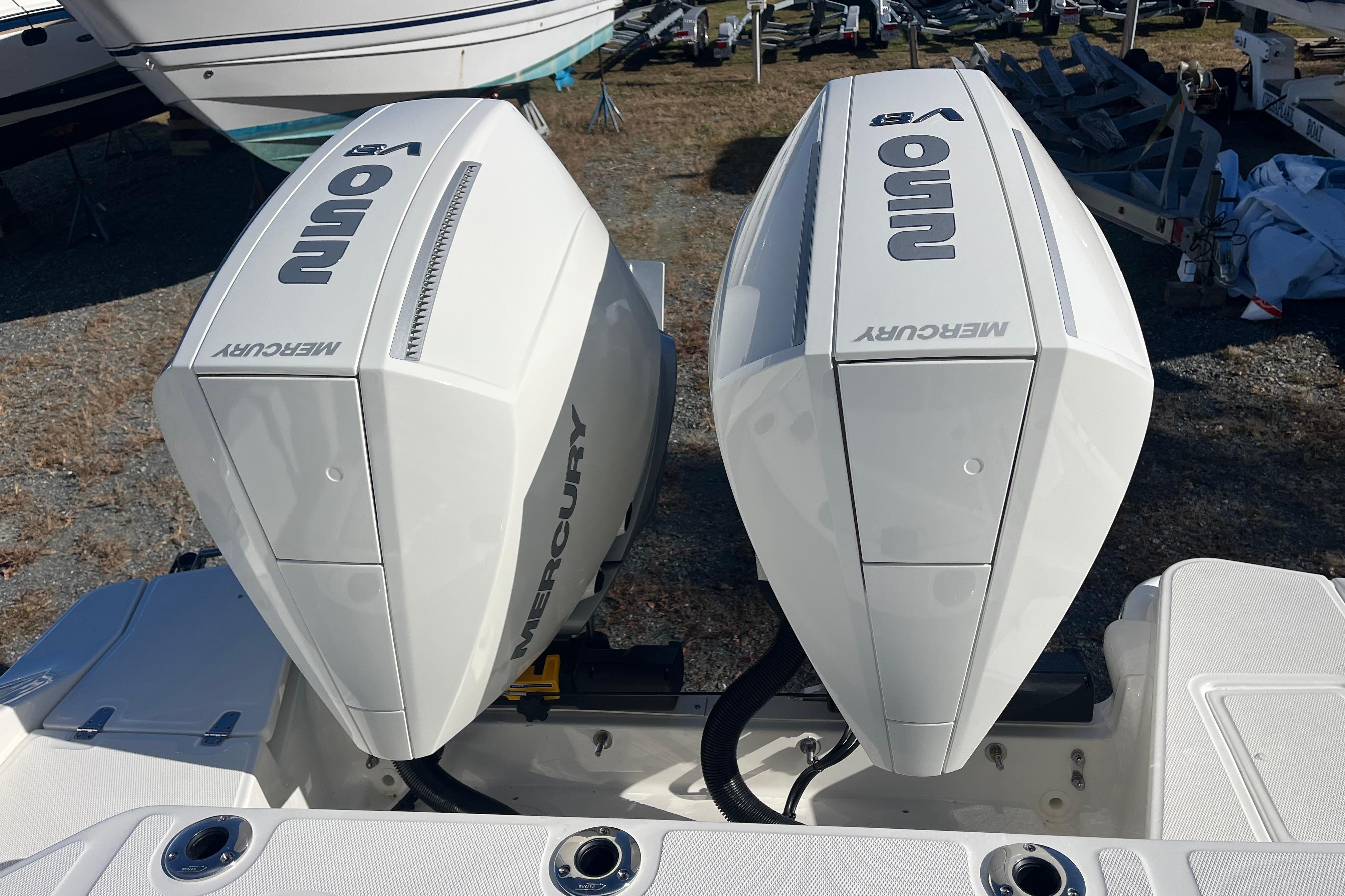 Twin Mercury outboard engines on a 2026 Boston Whaler 280 Dauntless boat.