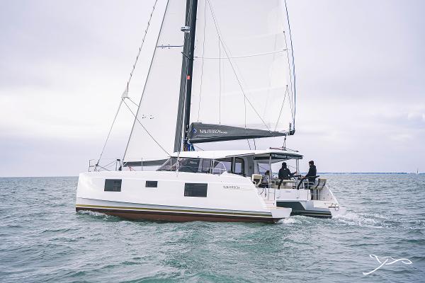 2025 Nautitech 40 Open catamaran sailing on open water.