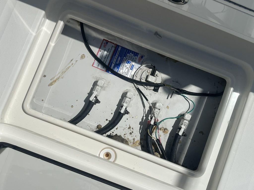 2021 Regulator 41 boat wiring compartment with cables and connectors.