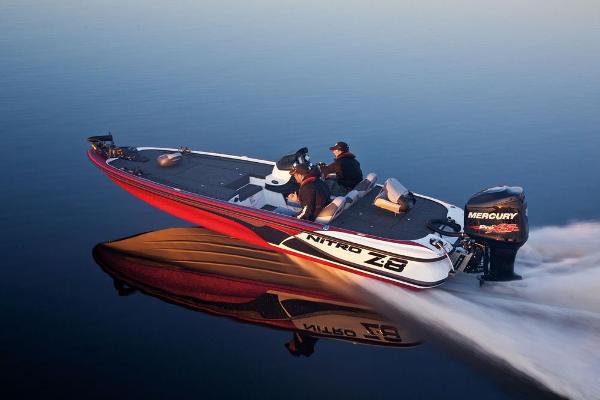 Manufacturer Provided Image: 2013 Nitro Z-8 boat speeding on calm water with Mercury engine.