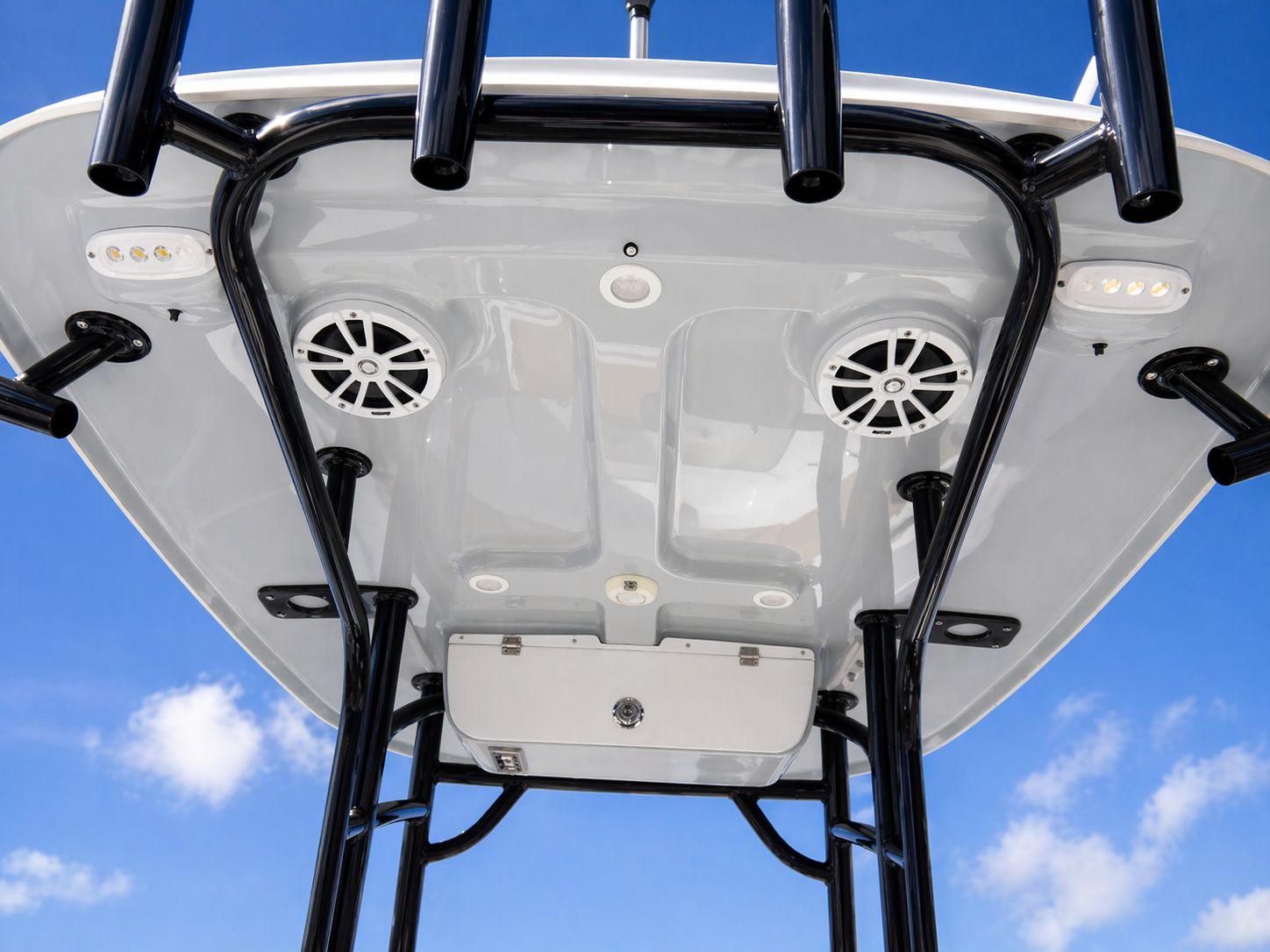 Underside of 2018 Sportsman Heritage 231 boat T-top with speakers.