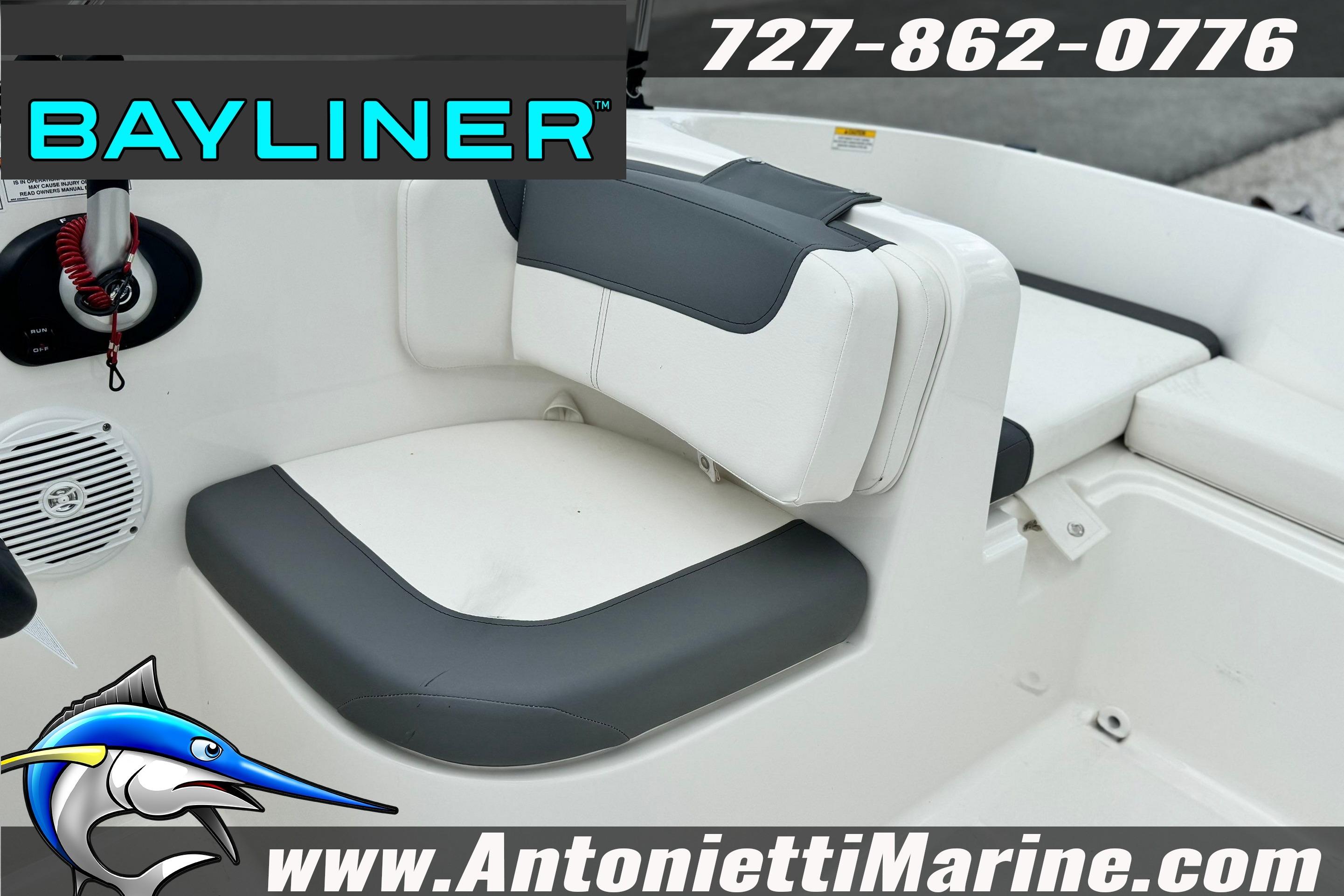 Interior seating of 2026 Bayliner Element E16 boat, featuring sleek design and comfortable cushions.