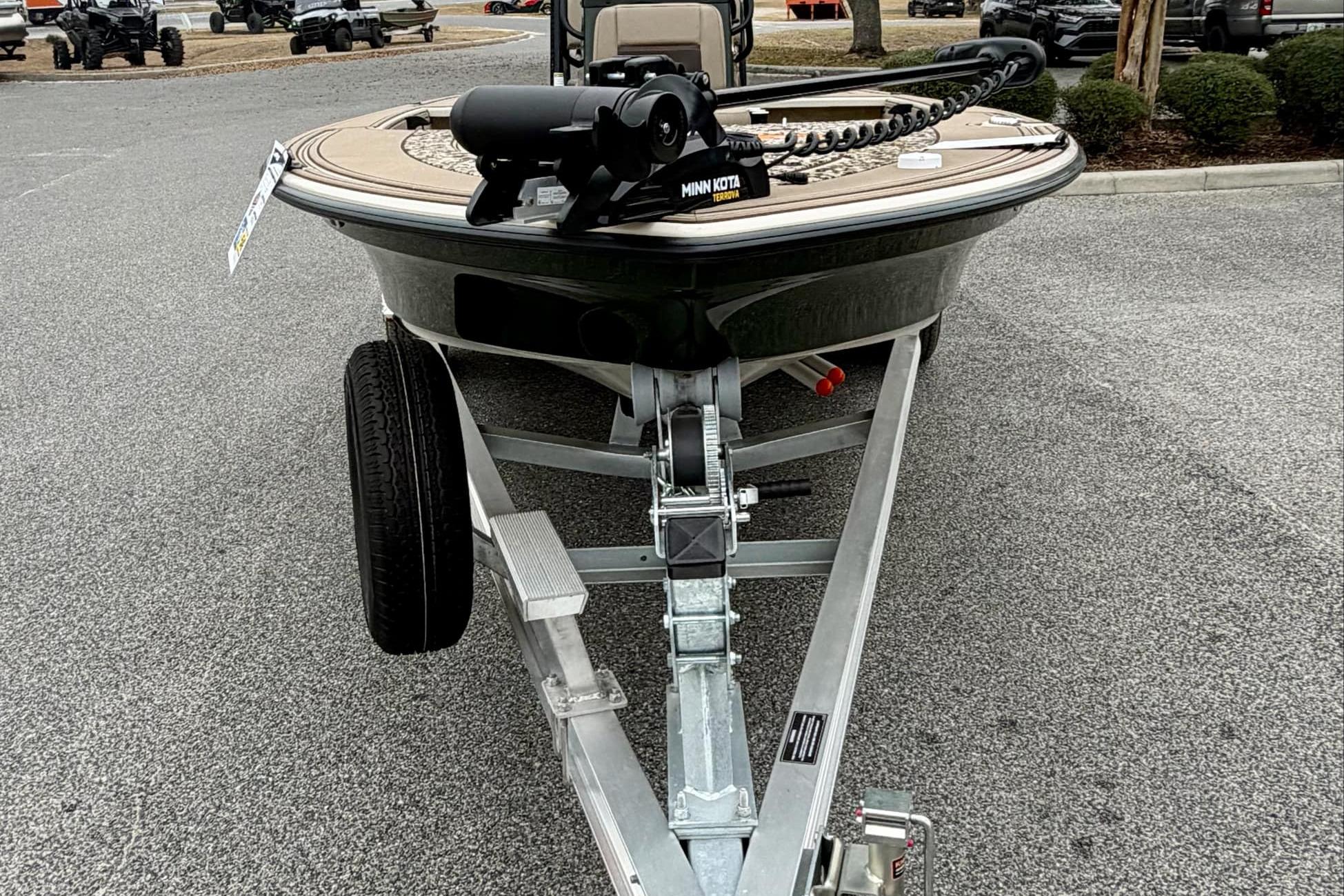 2025 Mako 18 Pro Skiff Backwater Edition on trailer, featuring Minn Kota trolling motor.