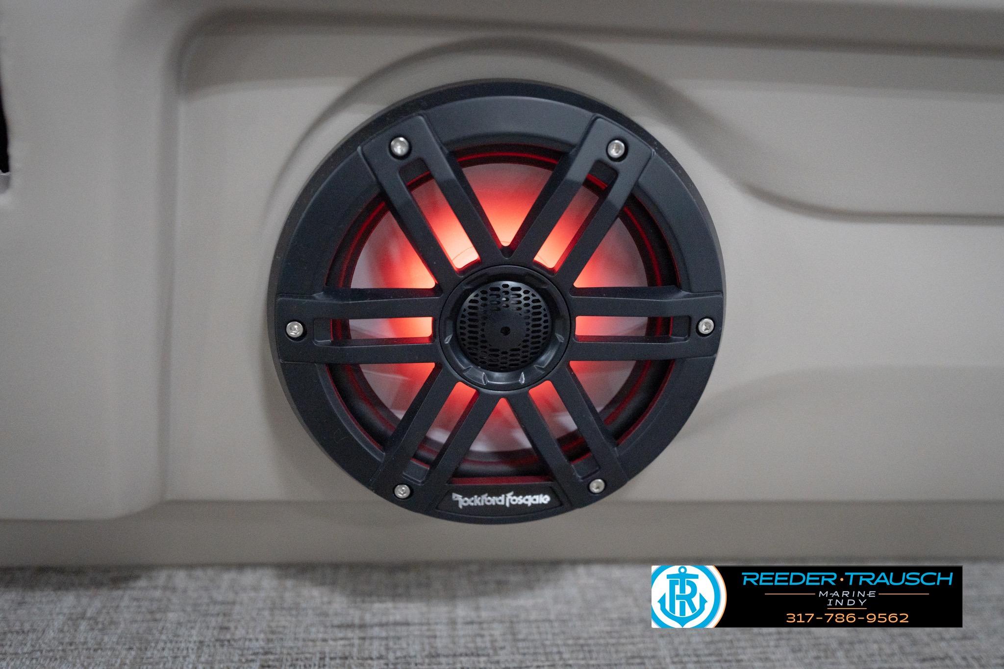 Speaker with red LED light on 2026 Bennington 22 ML boat interior.