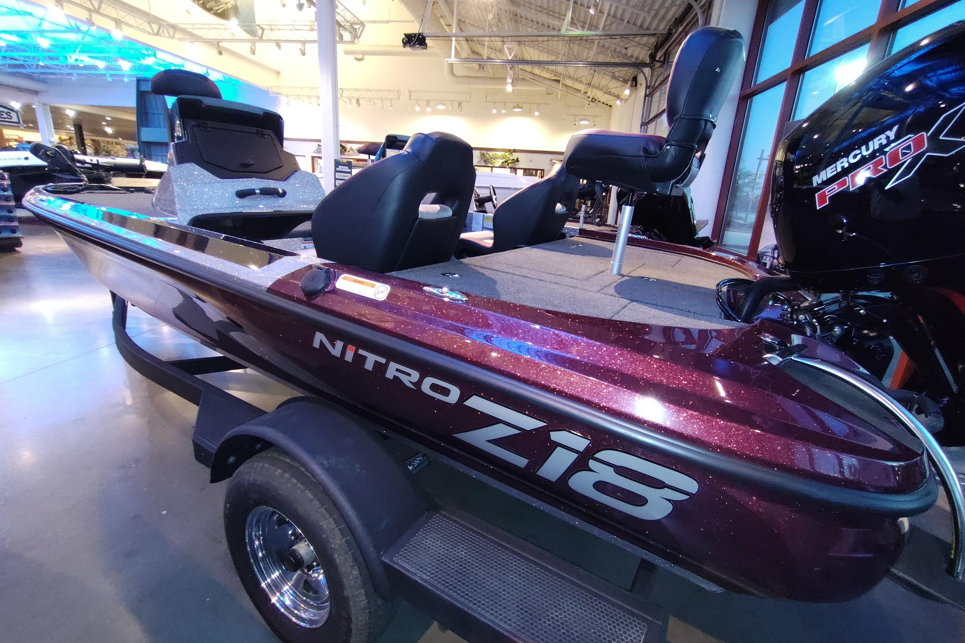2026 Nitro Z18 boat with Mercury Pro motor in showroom.