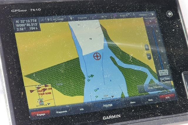 Garmin GPS display on 1984 Bristol 45.5 Center Cockpit, showing navigational map and coordinates.