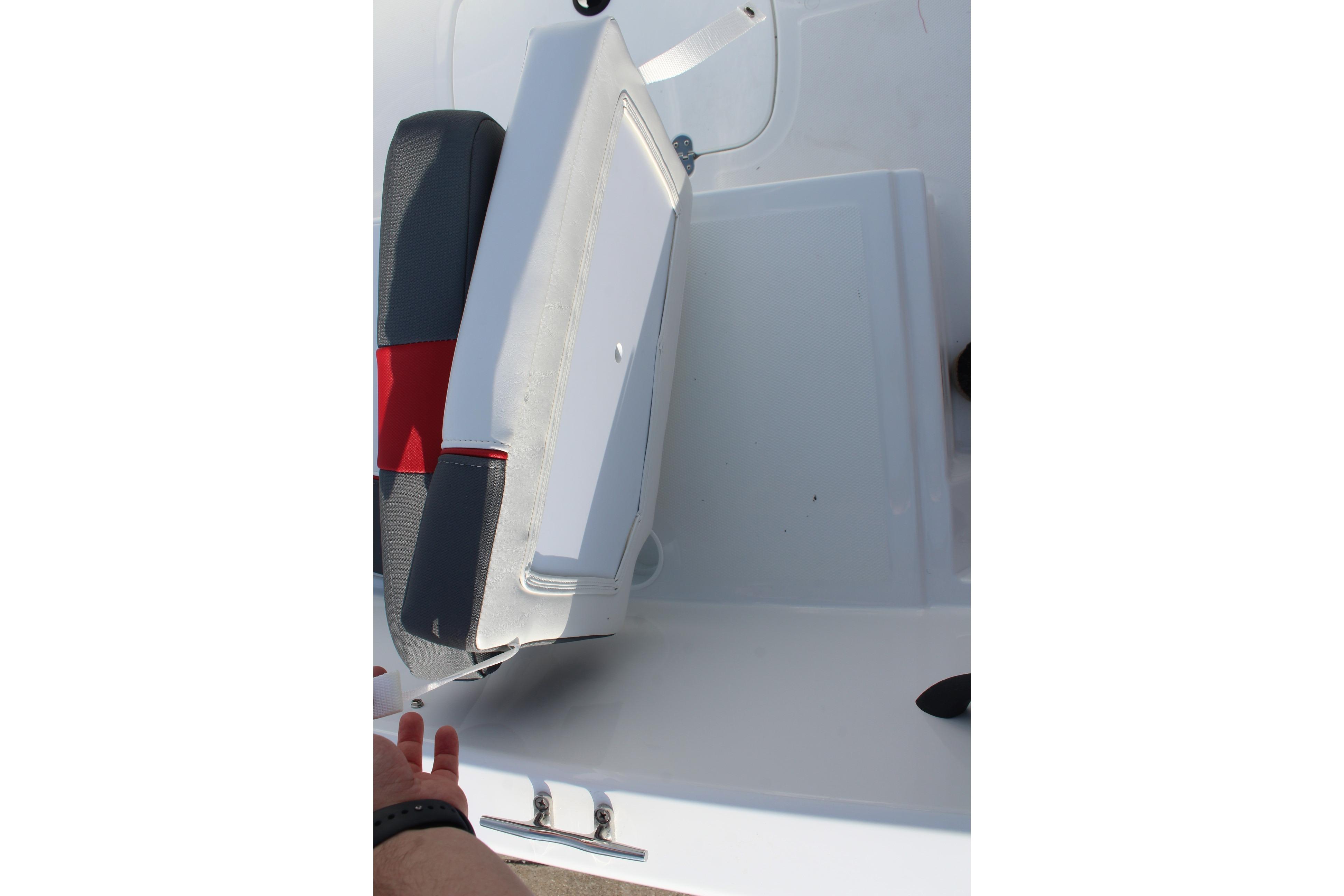 2026 Tahoe T18 boat seat with red and gray accents, viewed from above.