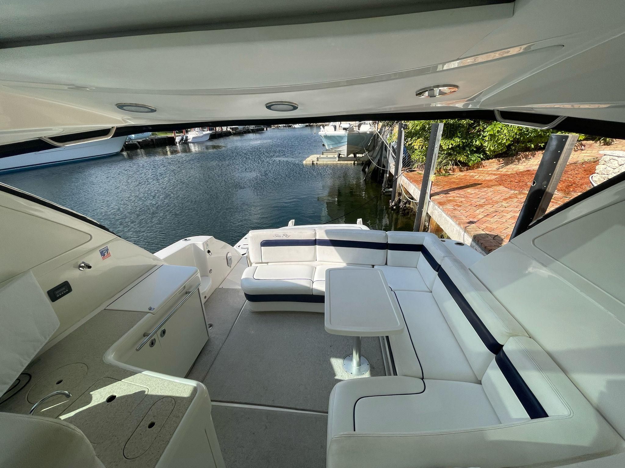 Interior of a 2010 Sea Ray 450 yacht at the dock.