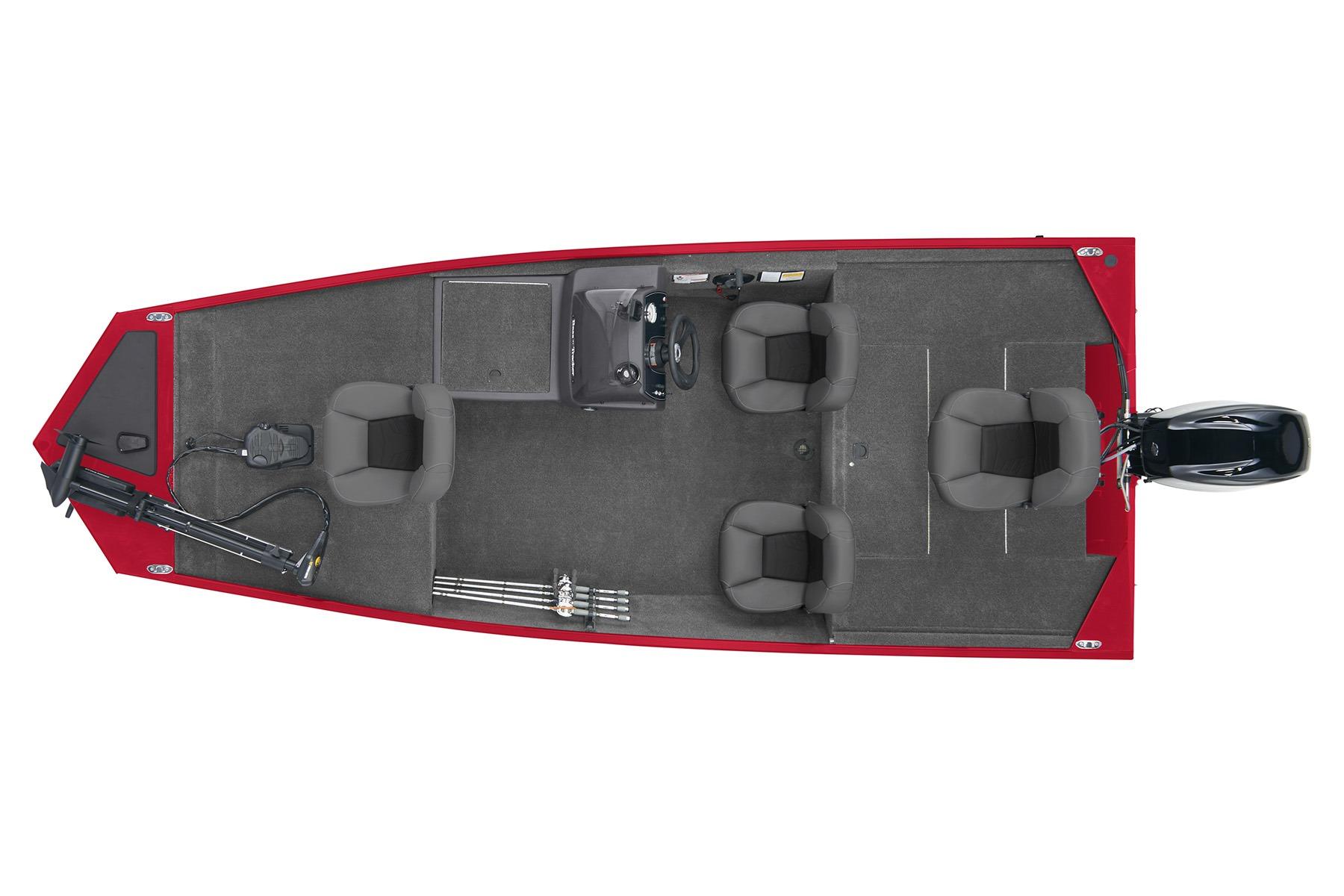 2026 Tracker Bass Tracker Classic XL boat, top view, red exterior, gray seating, fishing rods visible.