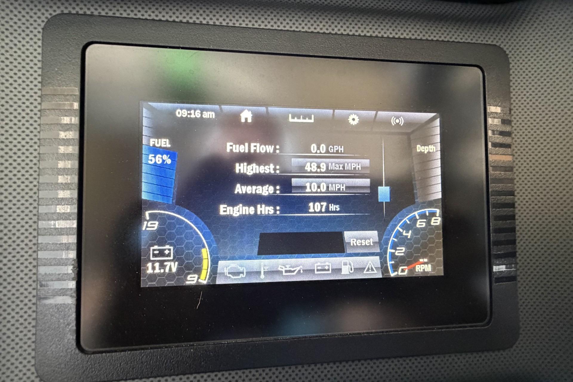 Dashboard display of a 2022 Yamaha Boats AR195 showing fuel, speed, and engine hours.