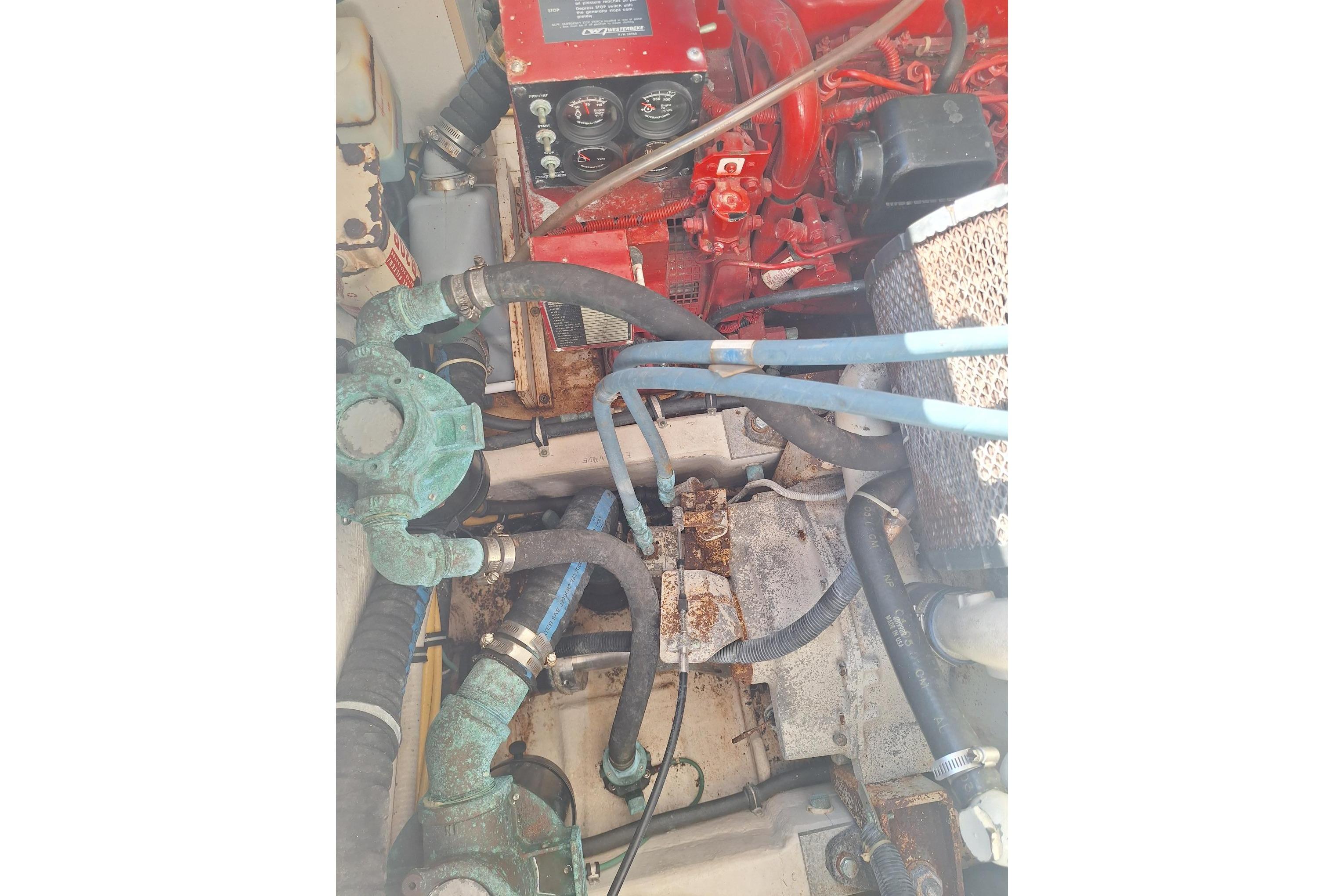 Engine compartment of a 2002 Tiara Yachts 3500 Open, showcasing hoses and mechanical components.