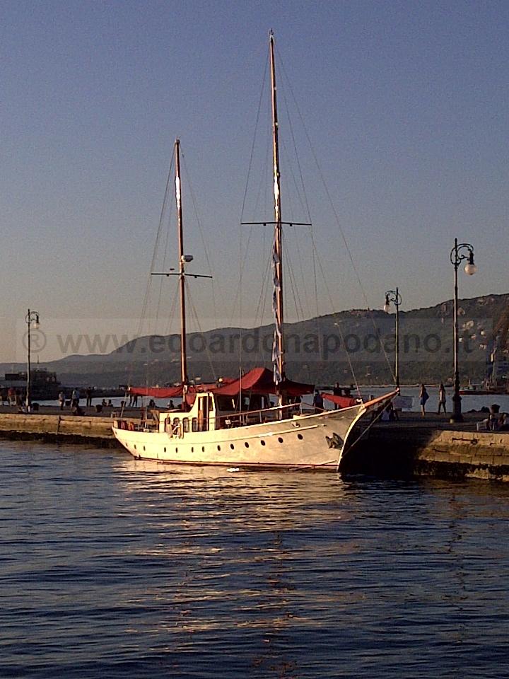 Vintage 1932 De Vries Lentsch schooner docked at sunset.
