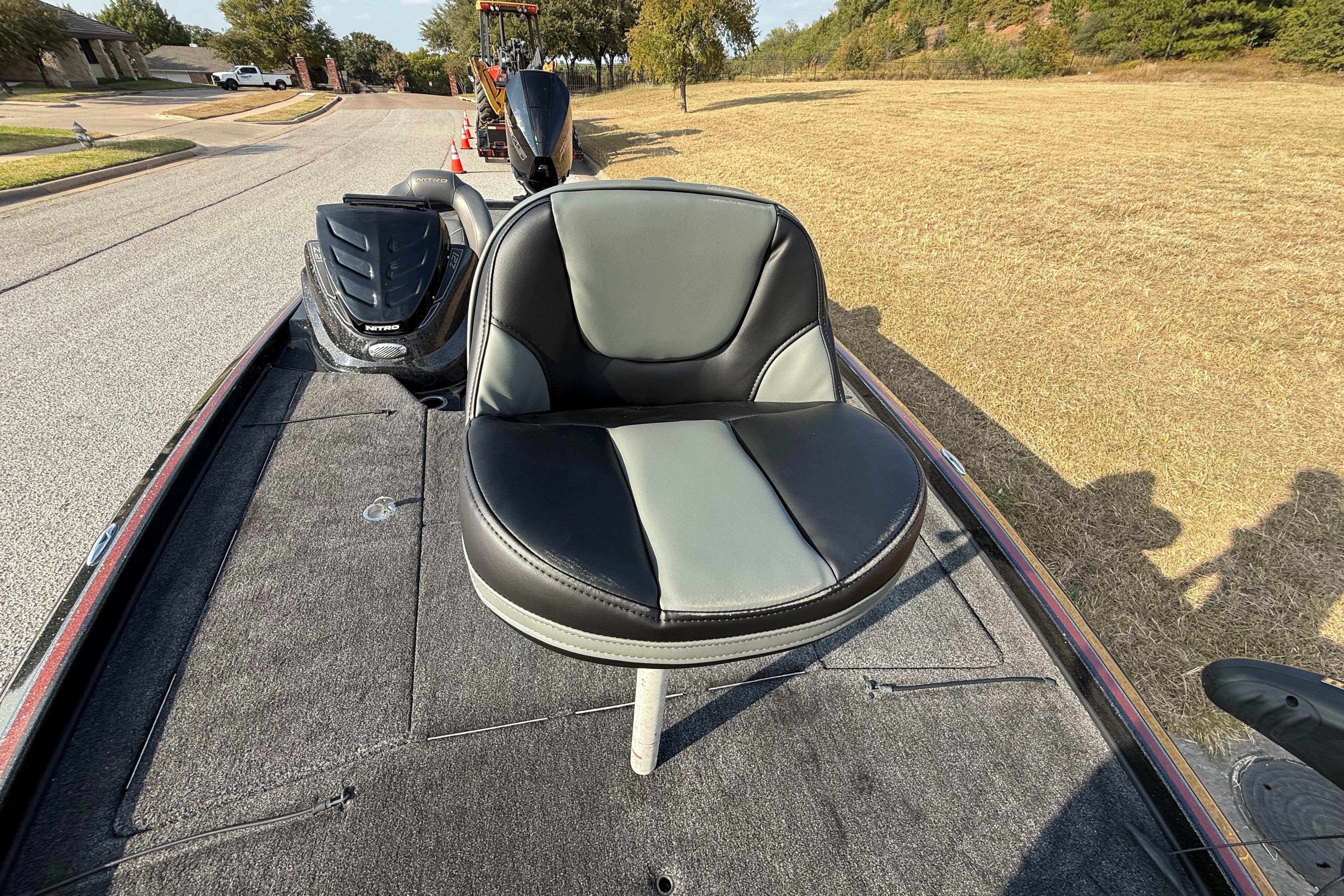 2019 Nitro Z21 Pro boat with a comfortable seat on a sunny day.