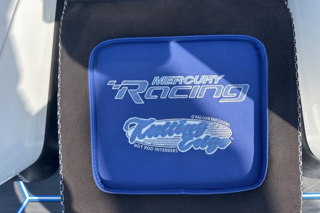 Blue Mercury Racing seat cover with embroidery, Wright Performance 420, 2018 model.