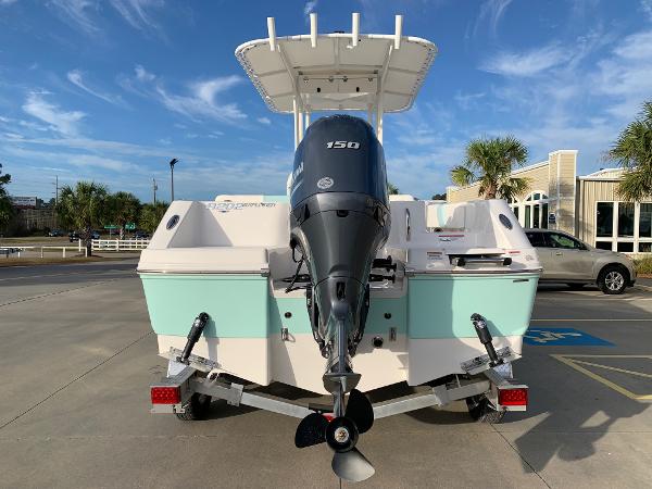 2024 Robalo R202 Explorer boat with 150 HP engine, rear view.