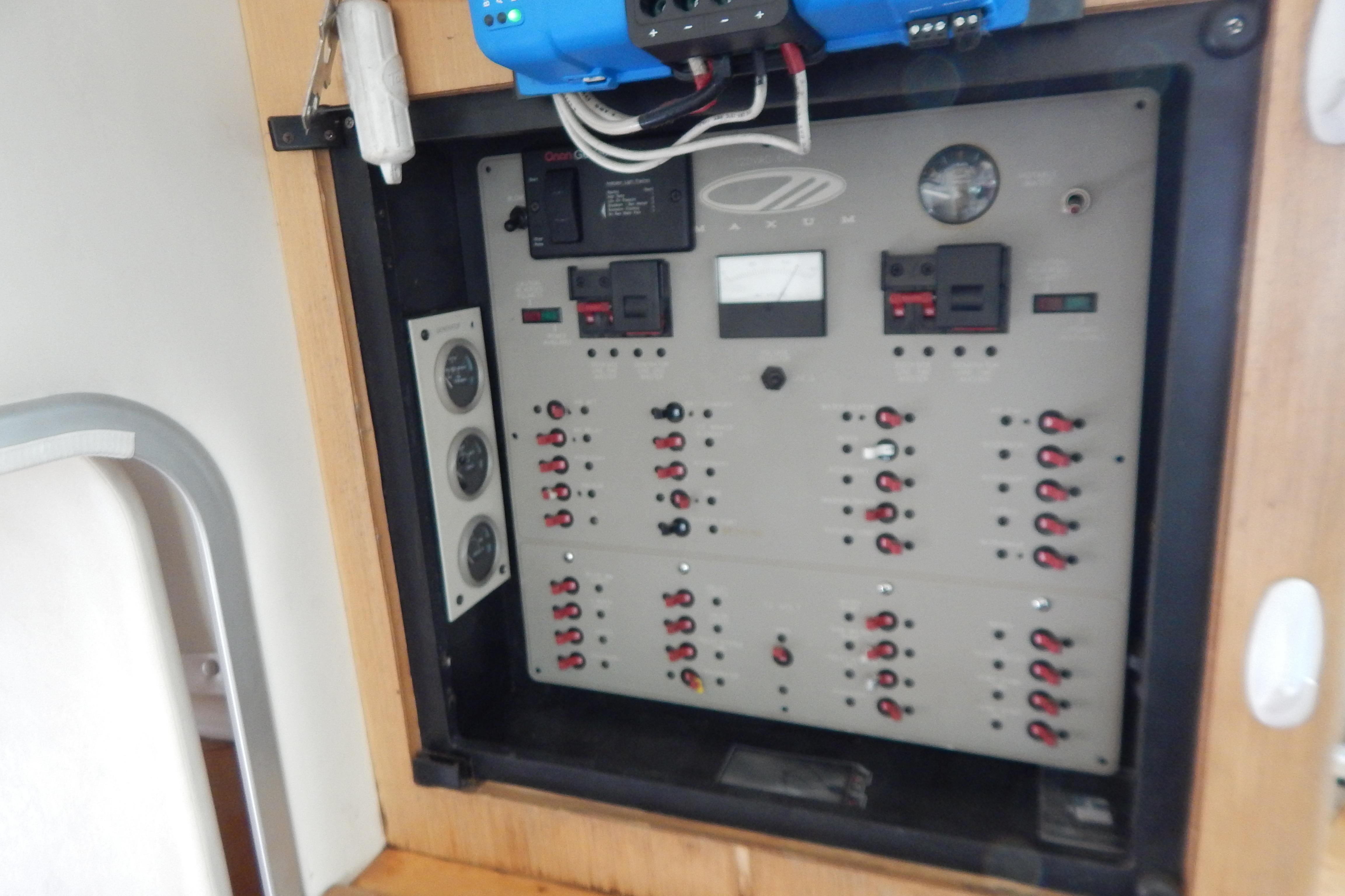 Electrical control panel in a 1998 Magnum 4100 SCR boat.