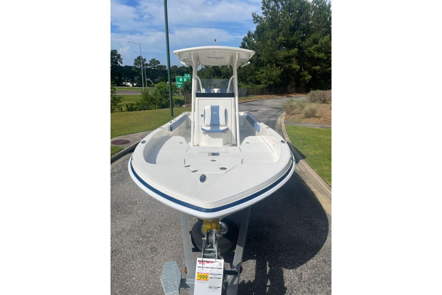 2025 Ranger 2360 Bay boat displayed outdoors on a trailer.