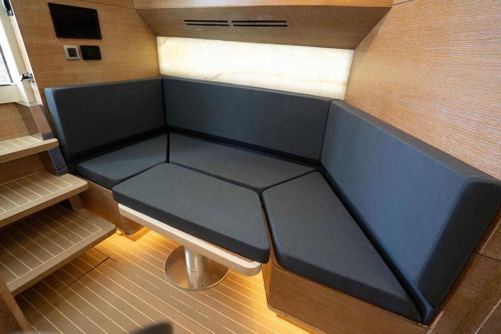 Luxurious interior seating area of 2020 Scout 530 LXF yacht with modern design.