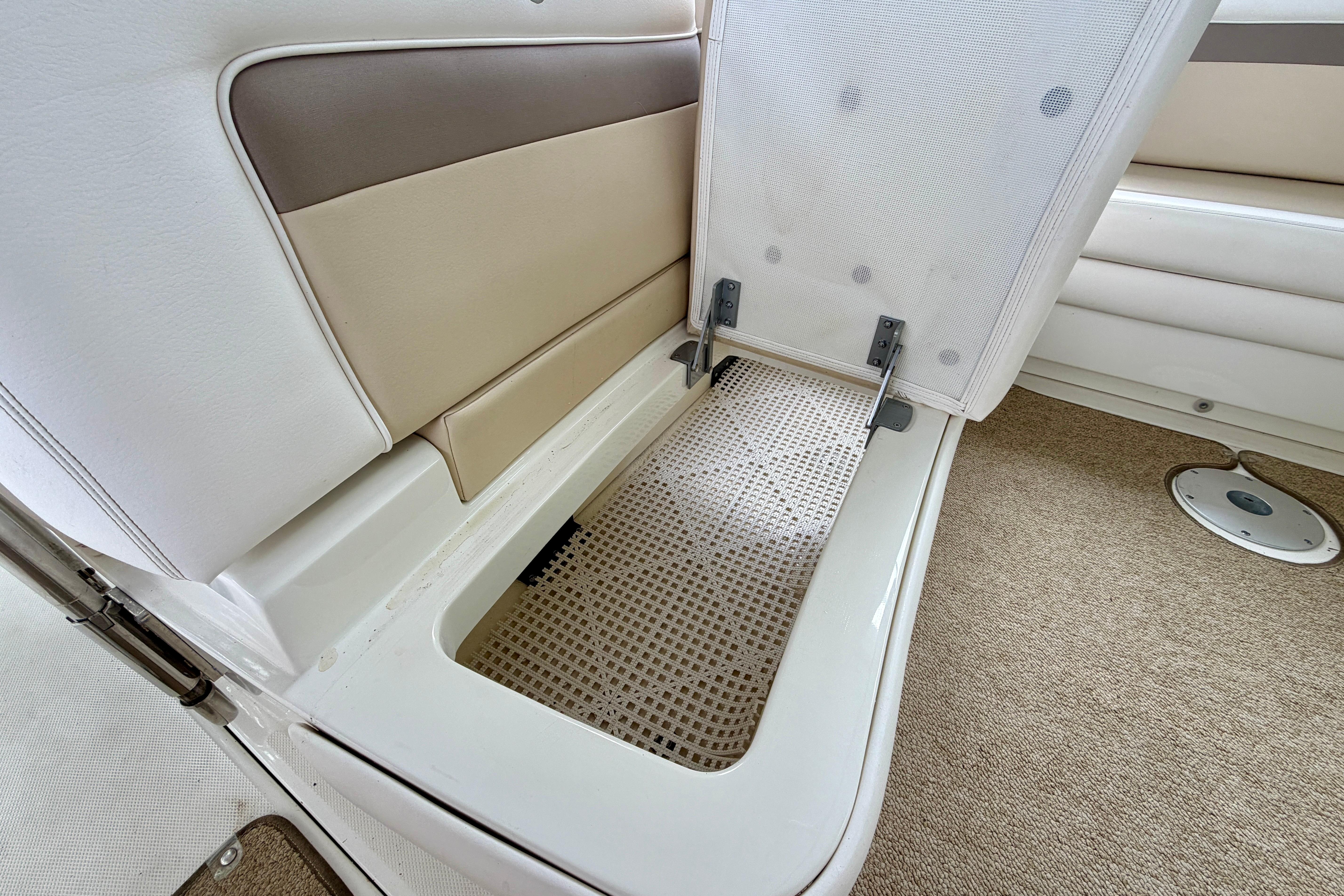 Interior storage compartment of a 2012 Sea Ray 450 Sundancer yacht.