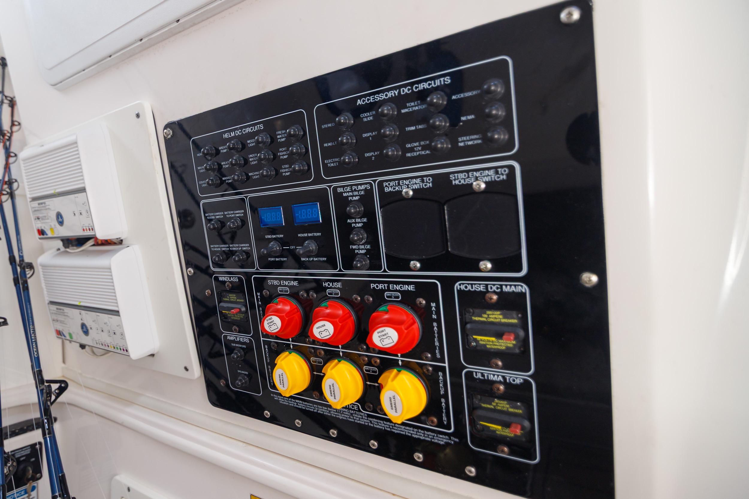Electrical control panel on a 2021 Sea Fox 328 Commander boat.