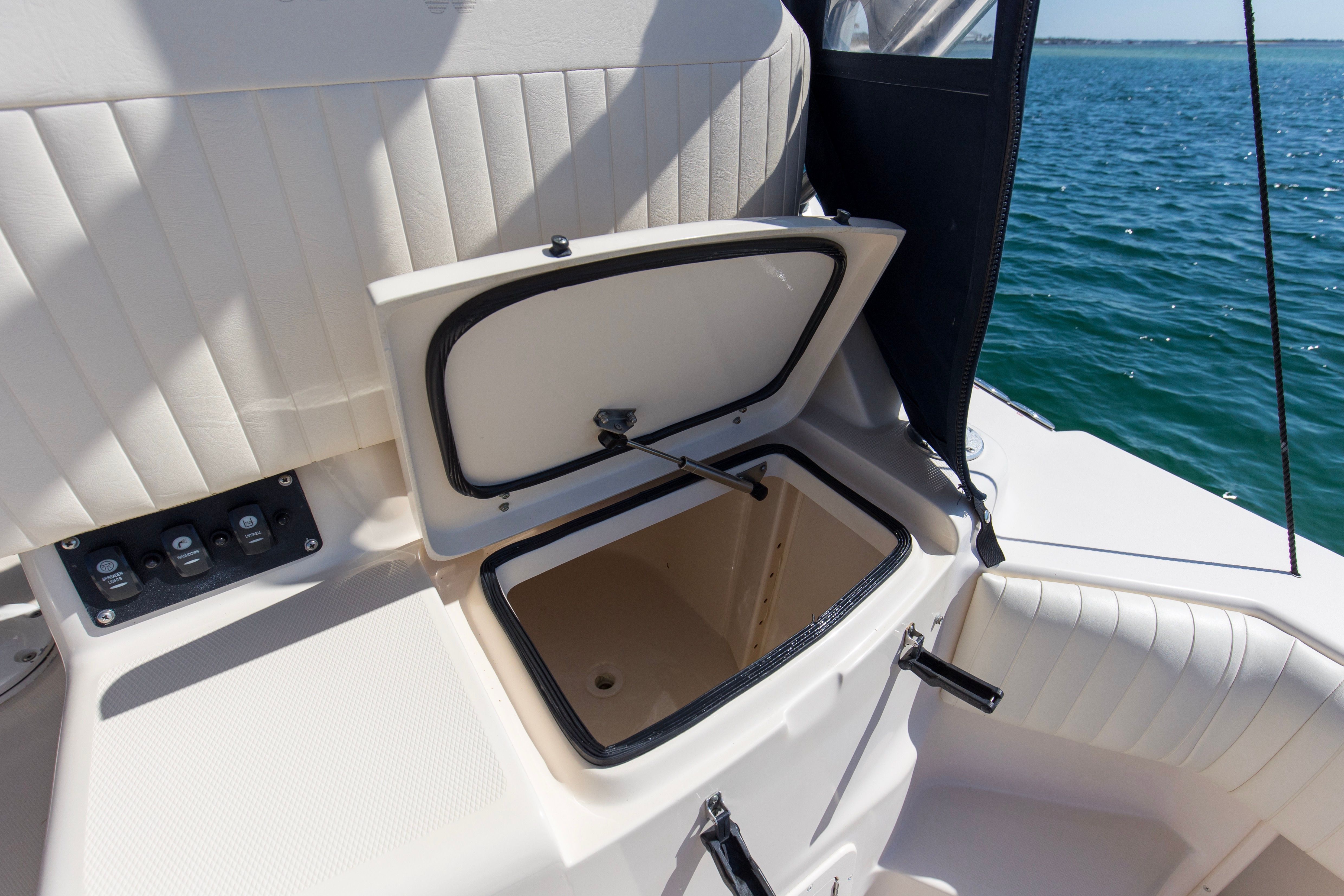 Grady-White Express 330 boat with open storage compartment, 2009 model.