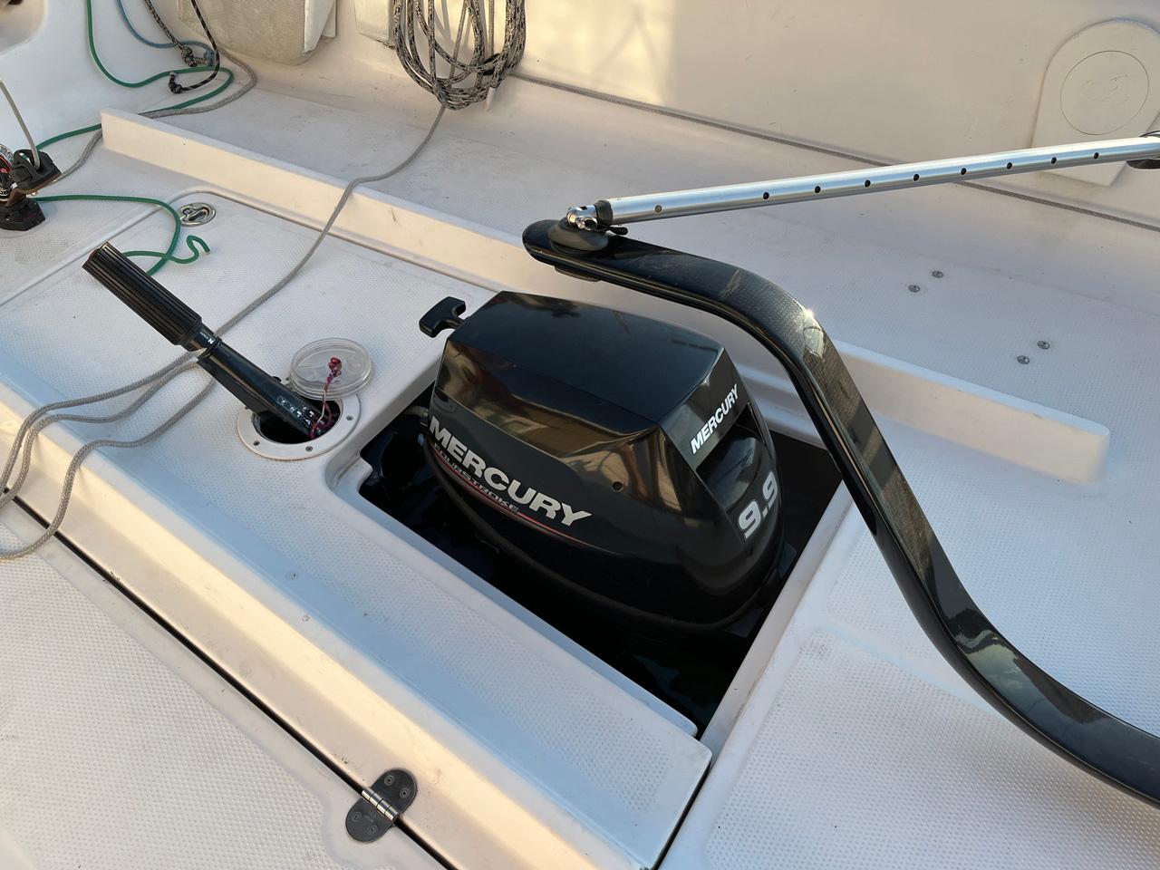 Mercury 9.9 outboard motor on 2018 Seascape 27 sailboat deck.