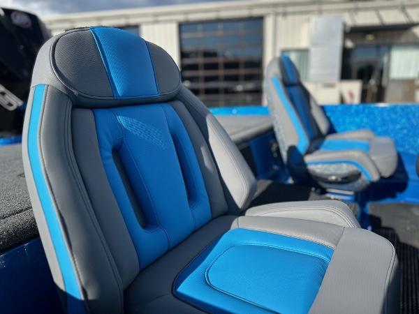 Blue and gray seats in 2024 iKon LX 20 boat.