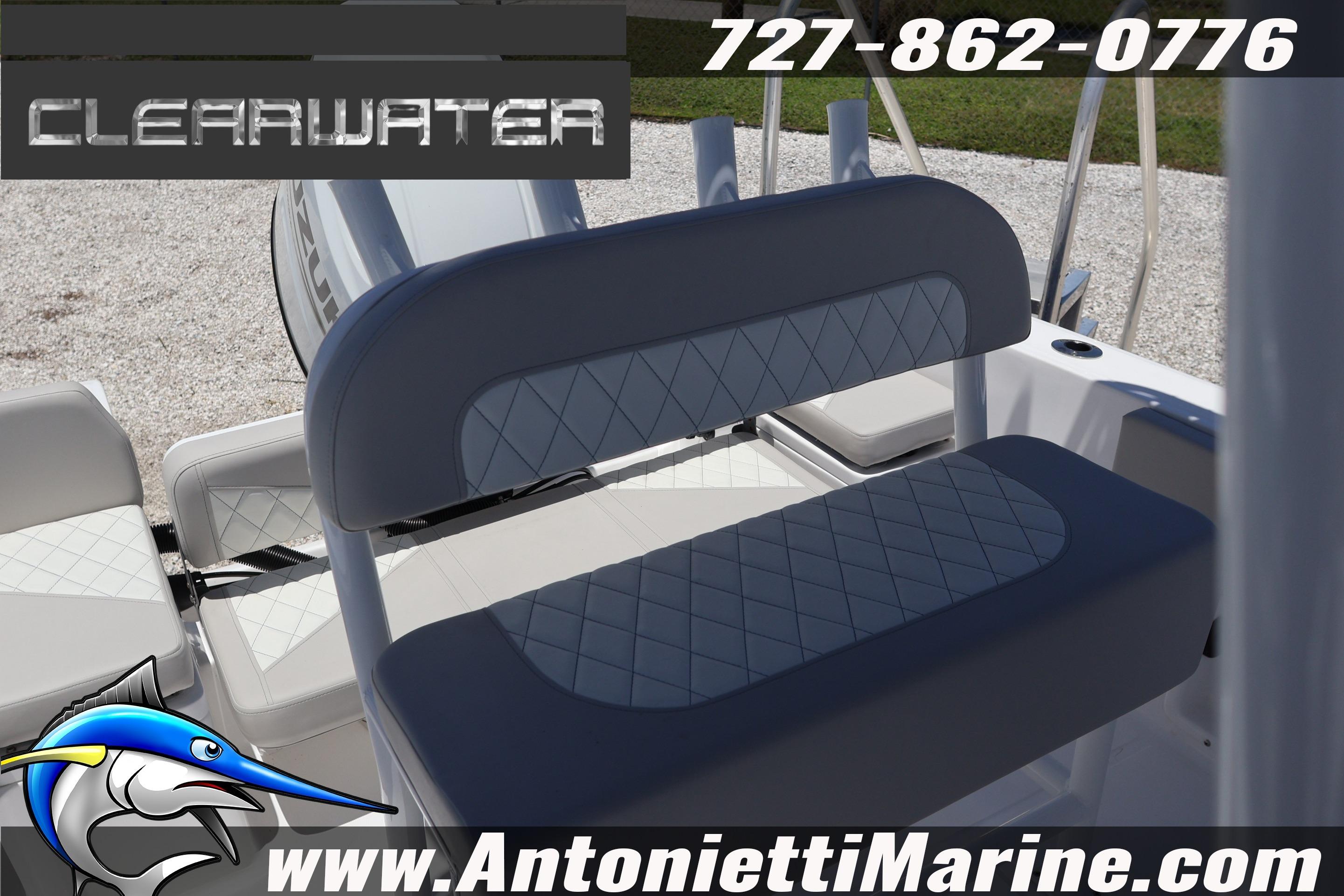 2026 Clearwater 2000 Center Console boat seating with diamond pattern upholstery, Antonietti Marine branding.