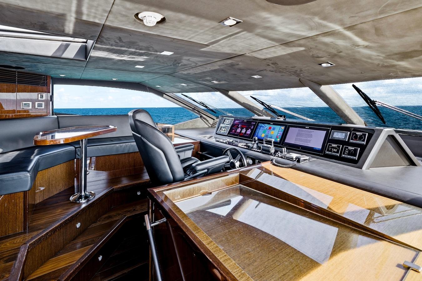 Luxurious 2022 Sunseeker Motoryacht helm with modern controls and ocean view.