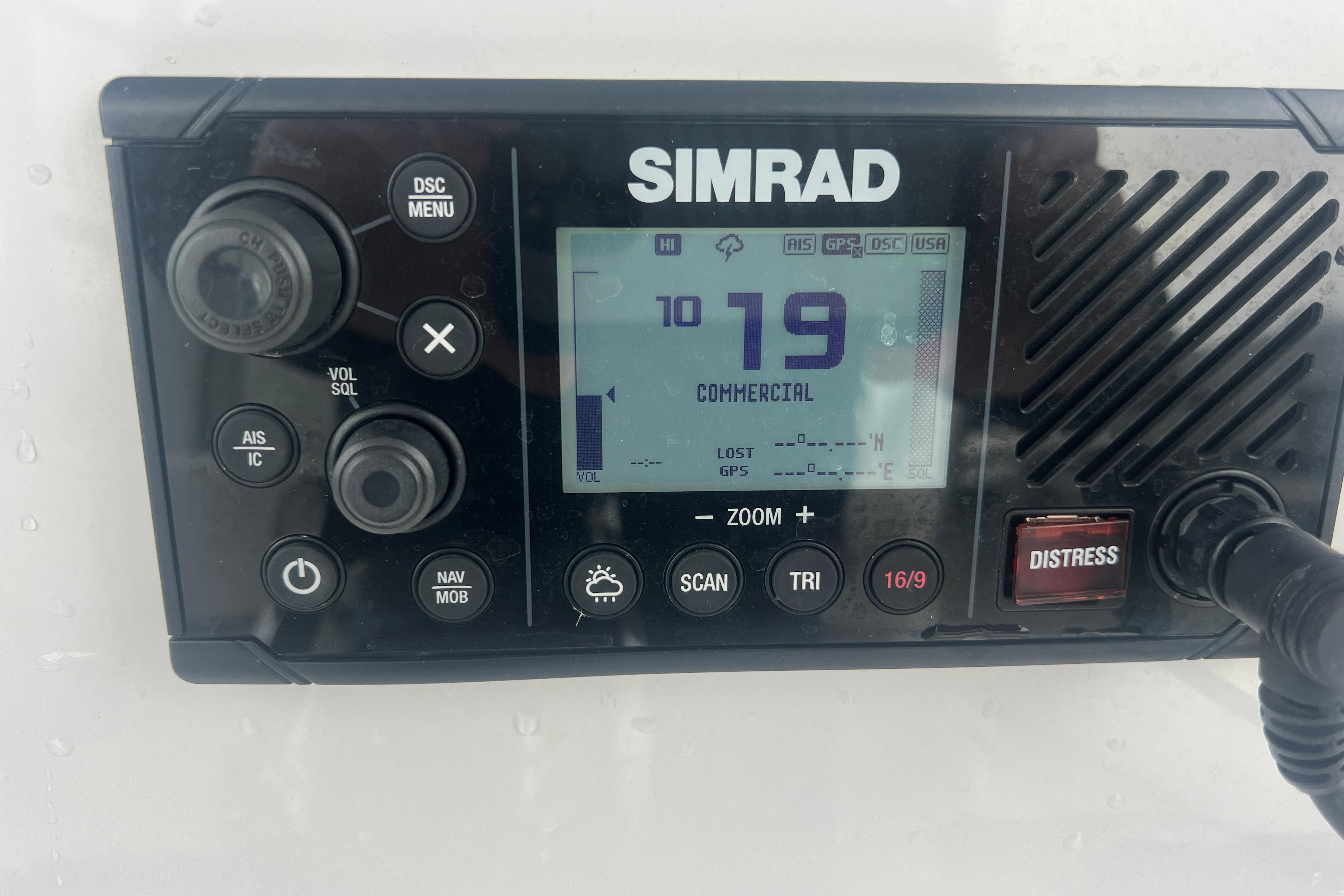 Simrad marine radio display on 2022 Sea-Lion 34 TE boat, showing channel 19.