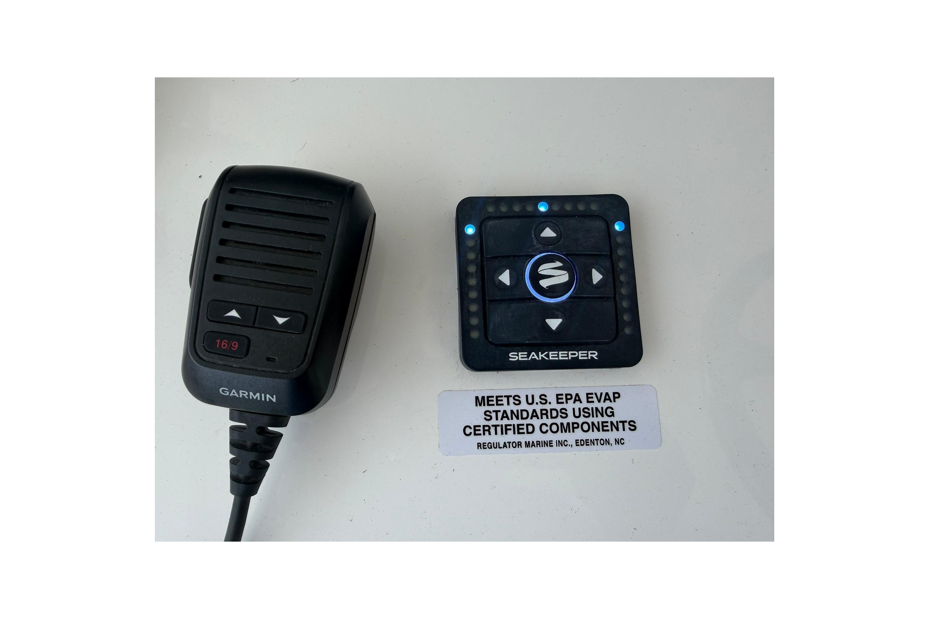 Garmin microphone and Seakeeper control panel on Regulator 37, 2026 model boat.