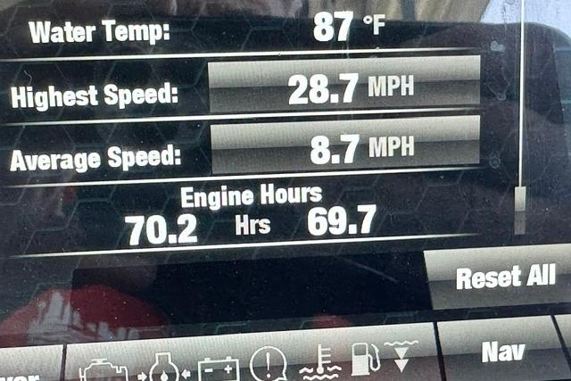 Display screen of 2021 Yamaha Boats 275SD showing water temperature and speed metrics.